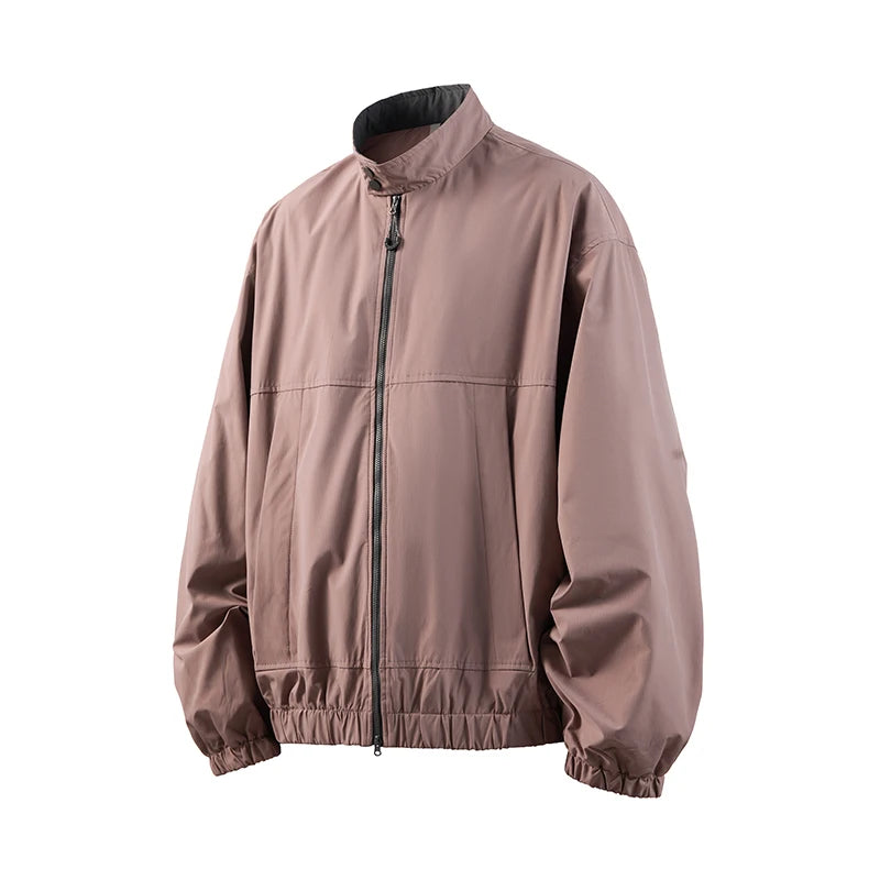 Stand-Collar Zip-Up Windbreaker Jacket with Elastic Hem for Outdoor Wear