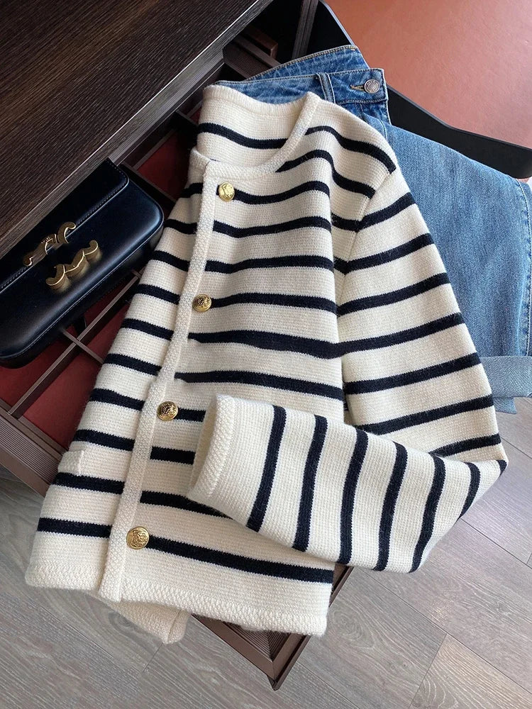 Women's Striped Crew Neck Button Front Cardigan Casual Knit Layer