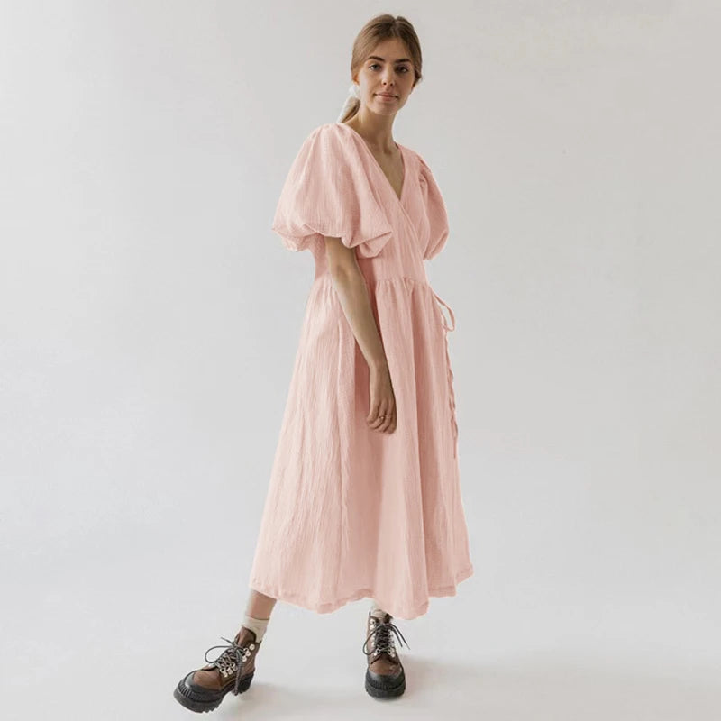 Women's Cotton V-Neck Short-Sleeve Loose A-Line Midi Dress for Casual Summer Outfits