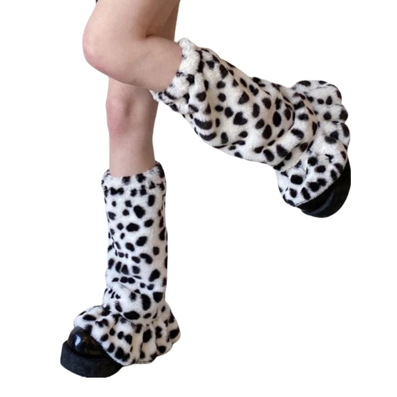 Animal Print Plush Leg Warmers with Flared Lower Shape