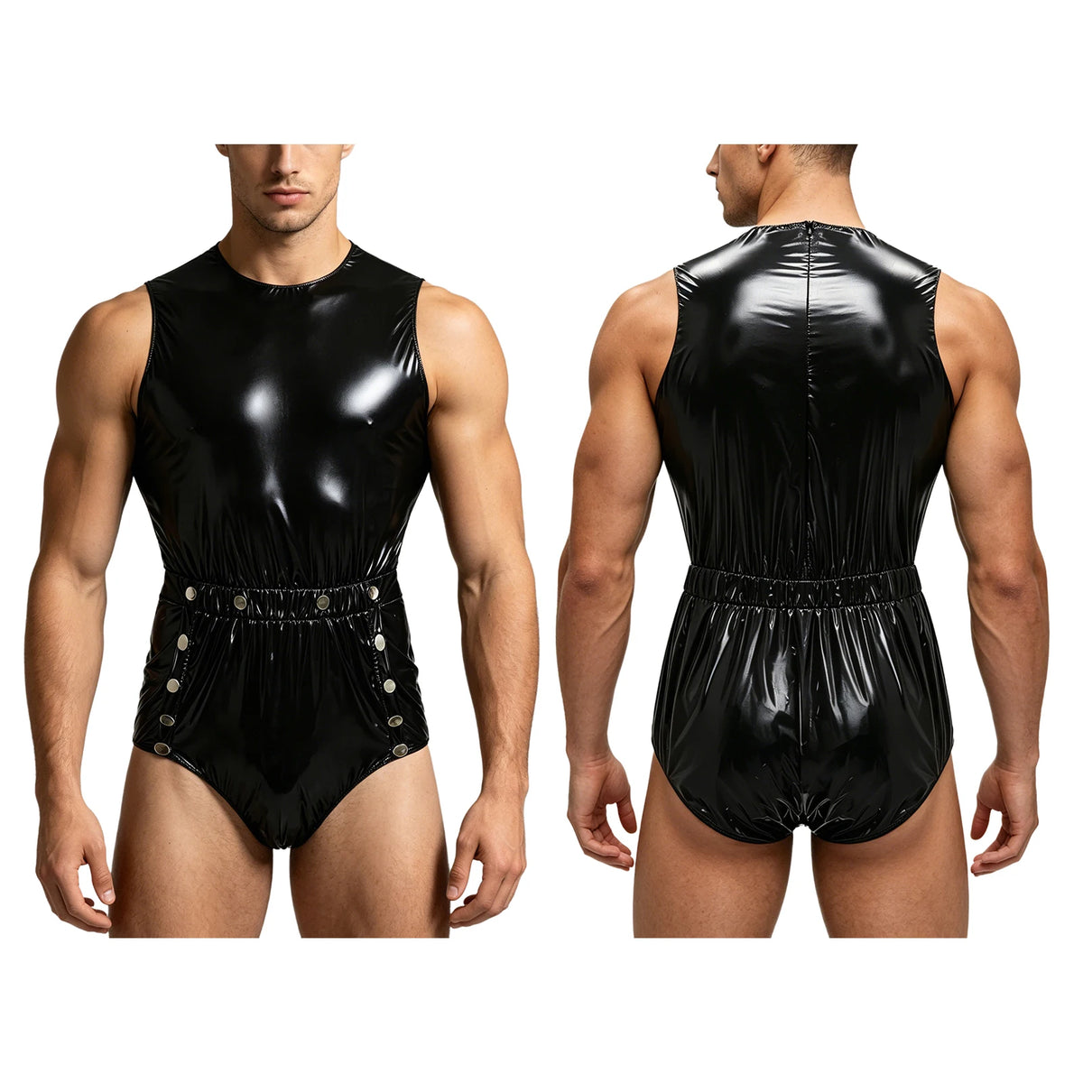 Men's One-Piece Swimsuit with Back Zipper and Crotch Button Details