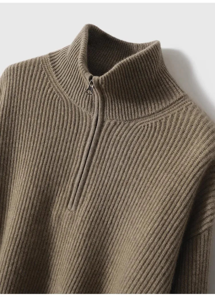 100% pure cashmere sweater women's half zip stand collar thick loose lapel pullover sweater