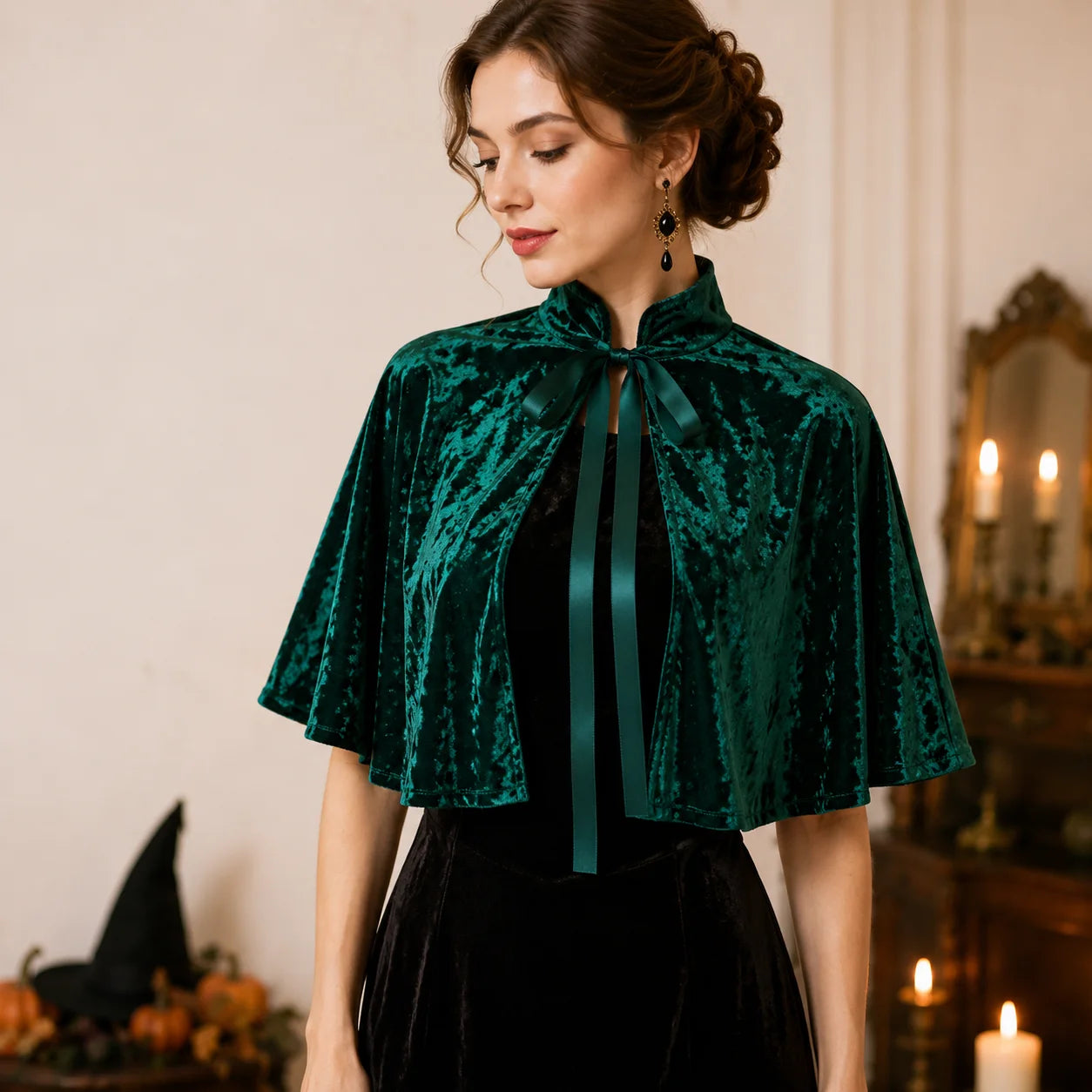 Stand Collar Velvet Ribbon Tie Cape for Layering over Outfits