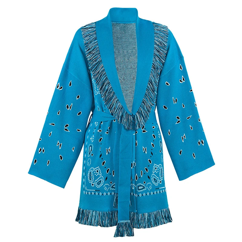 Women's Paisley Belted Button Front Cardigan Casual Knit Layer