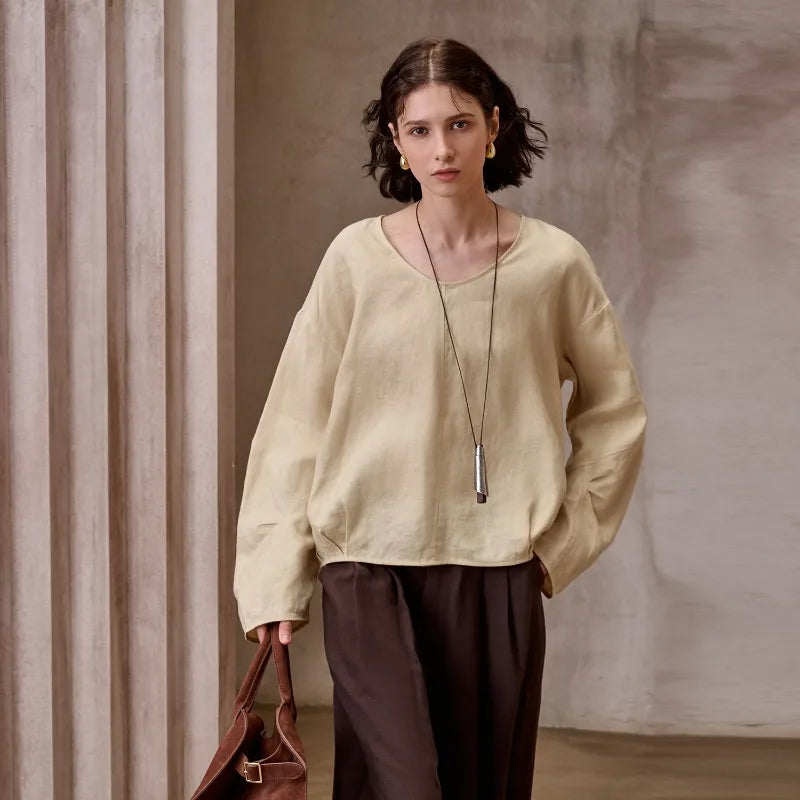 Women's Linen Long-Sleeve Pullover Blouse with Loose Silhouette for Casual Everyday Outfits