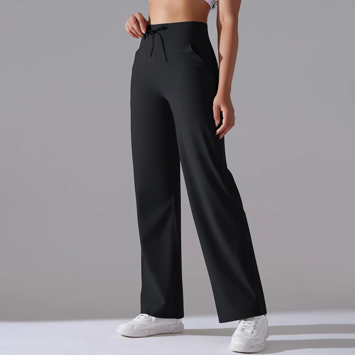 Women's Drawstring Waist Nylon Blend Wide Leg Pants with Extended Length Options