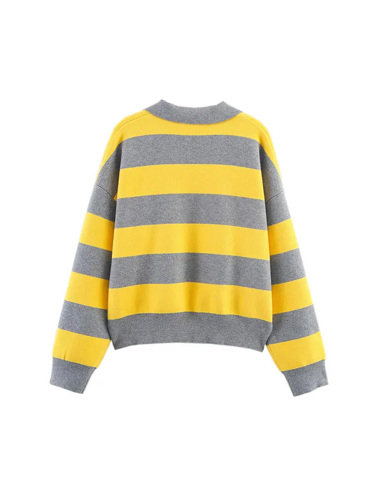 Women's Striped Polo Collar Loose Fit Sweater Casual Knit Layer