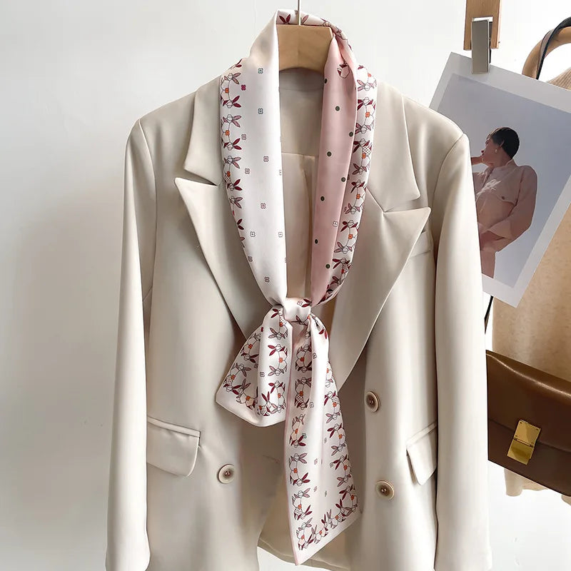 Printed Long Narrow Scarf with Decorative Ribbon Shape