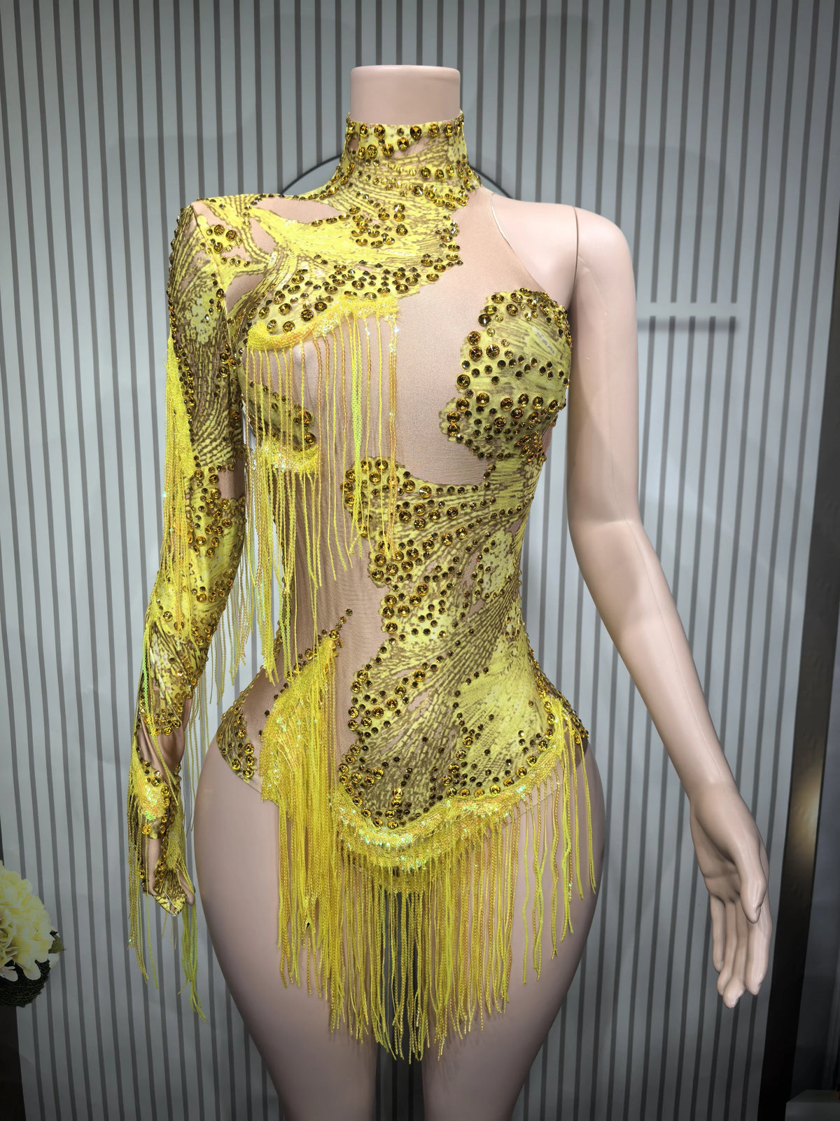 Women's Asymmetric Rhinestone Fringe Dance Bodysuit for Stage Performance Outfits