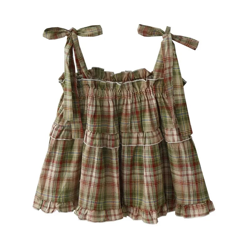 Women's Plaid Cotton Blend Babydoll Camisole with Tie Straps and Tiered Ruffles