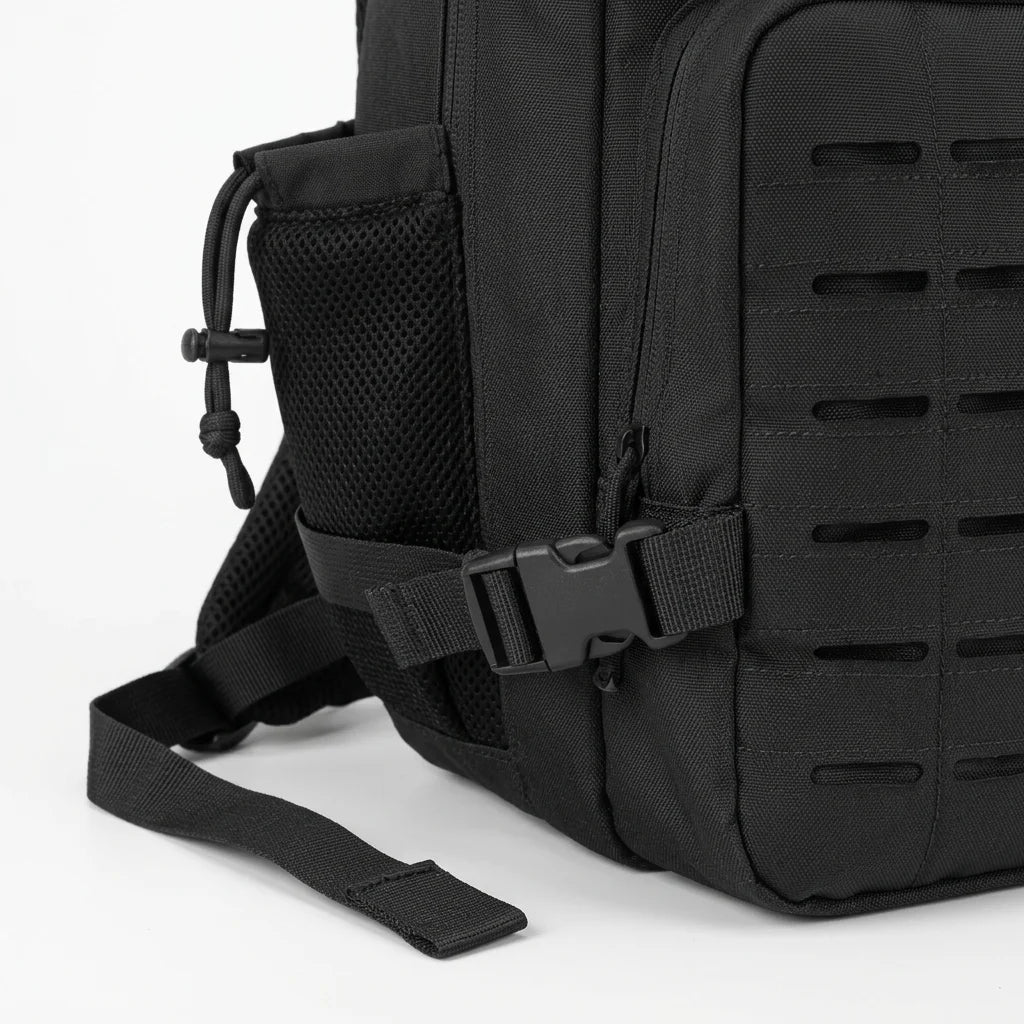 Tactical Travel Backpack with Front Webbing Panels and Side Bottle Pockets