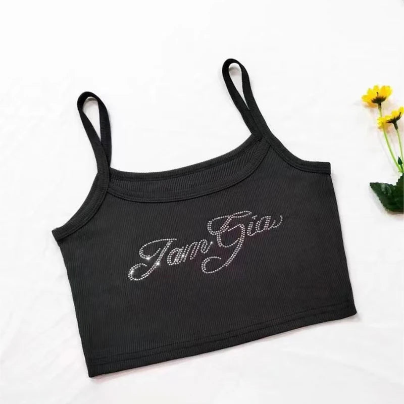 Women's Rhinestone Letter Polyester Crop Camisole with Thin Shoulder Straps