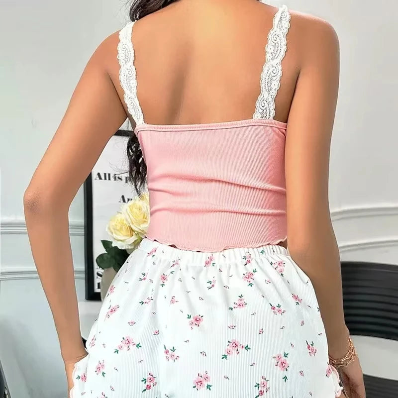 Women's Lace Trim Ribbed Cami Pajama Set with Top and Shorts
