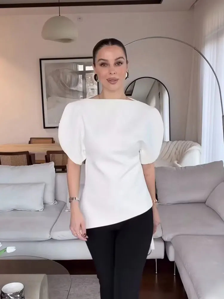 Women's Round Neck Blouse with Short Puff Sleeves and an Asymmetric Hem