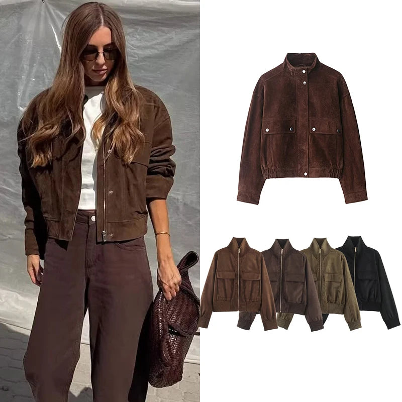 Women's Stand Collar Pocket Zip Front Jacket for Layered Outfits