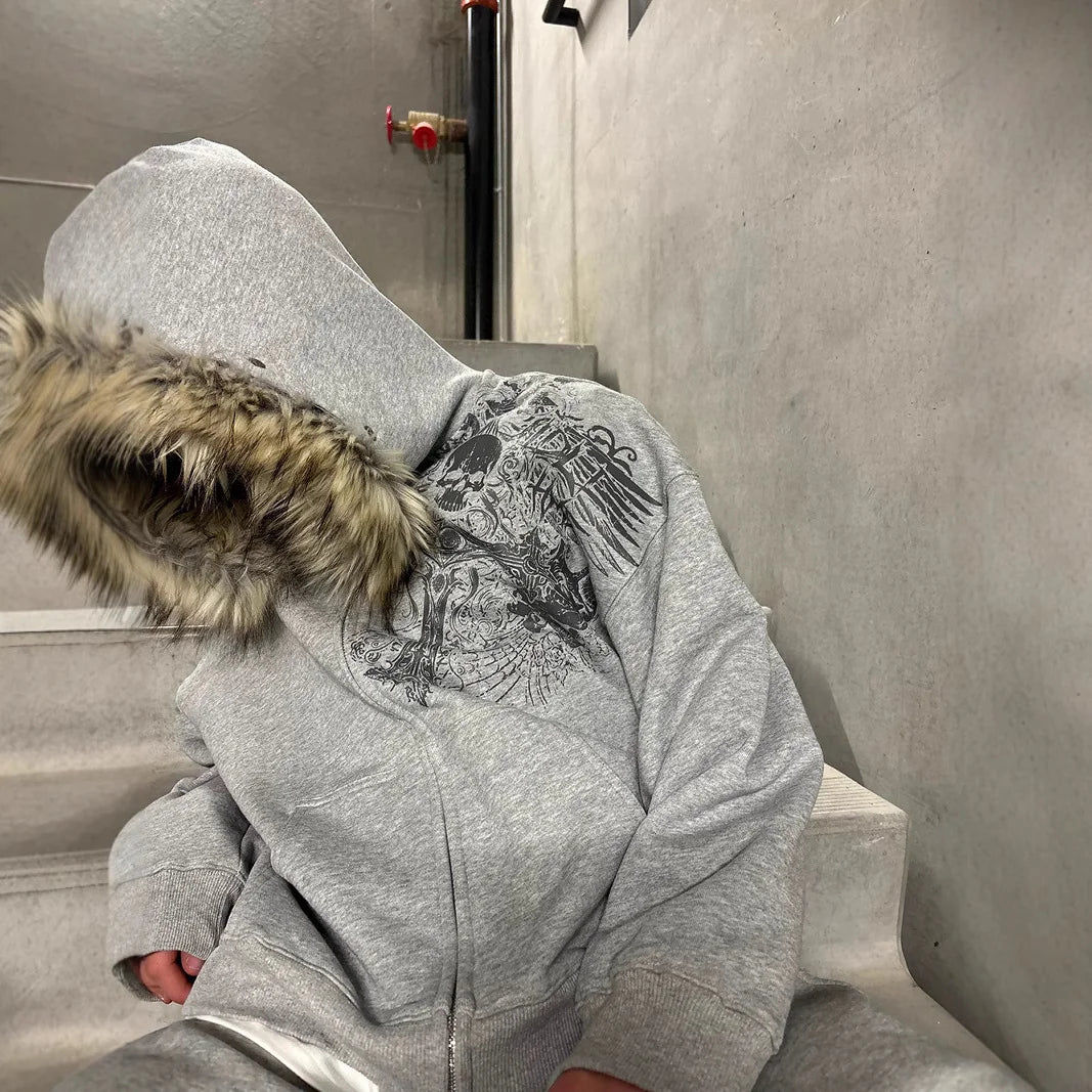 Fluffy Trim Long Sleeve Full Zip Casual Hoodie