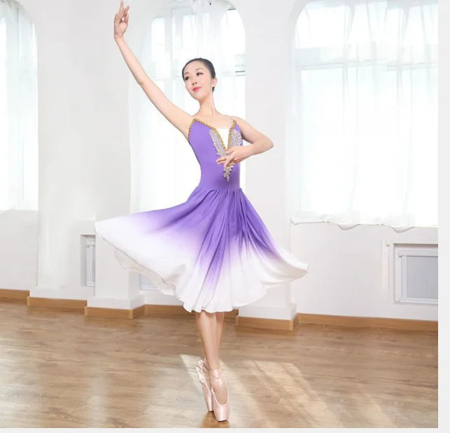 Women's Gradient Ballet Dance Dress with Flowing Skirt and Decorated Bodice