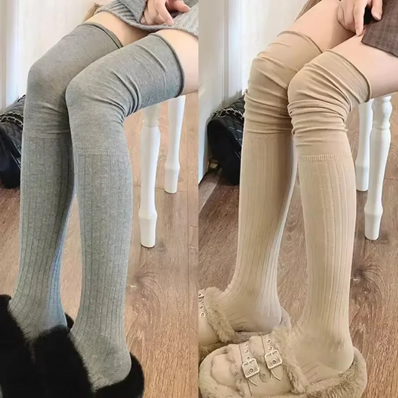 Solid Ribbed Long Socks with Over Knee Styling