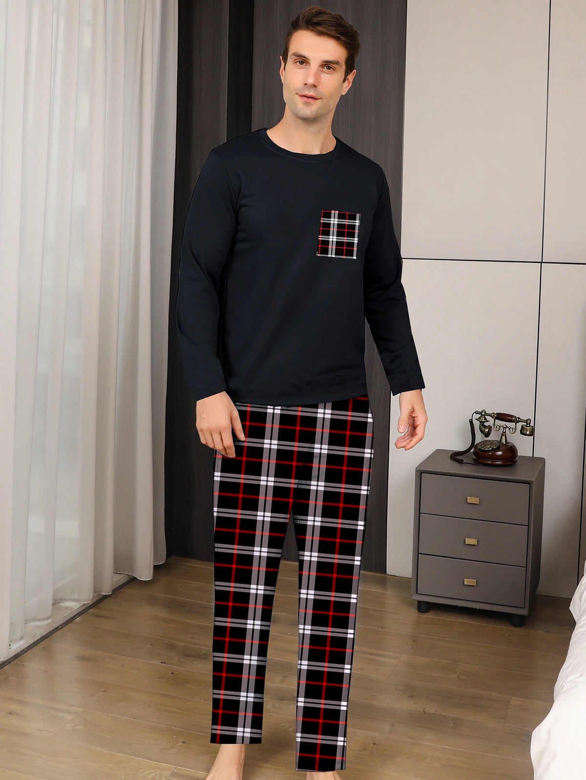 Men's Long Sleeve Pocket Top and Plaid Pants Pajama Set