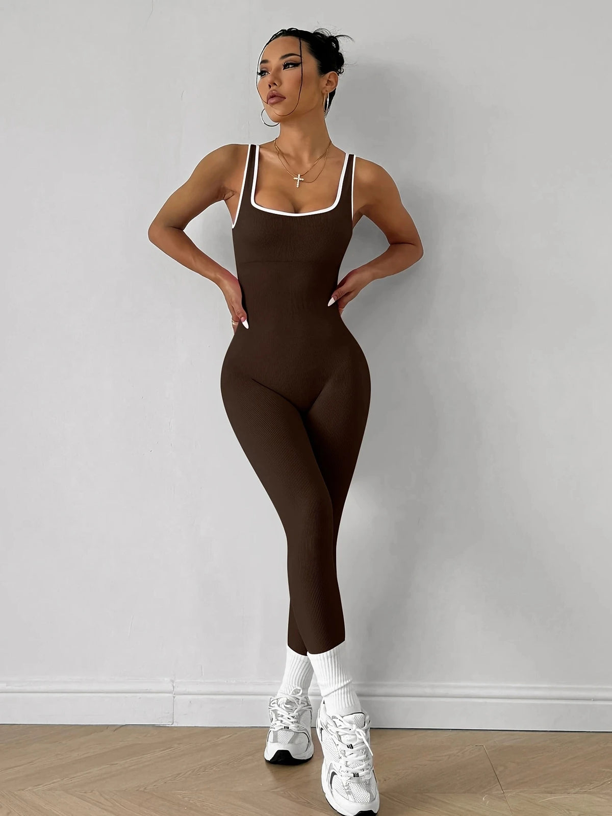 Women's Racerback Nylon Blend Workout Jumpsuit with White Trim and Back Cutout