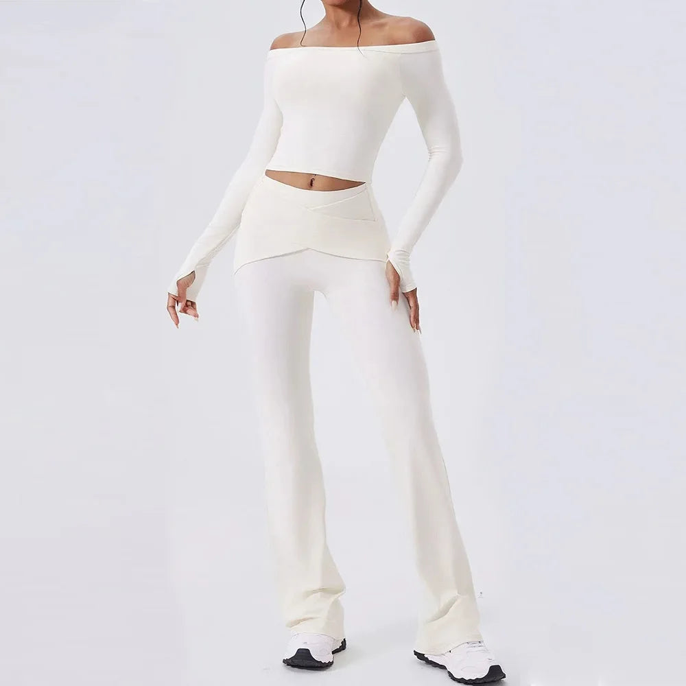 Women's Off-Shoulder Top and Flared Pants Workout Set