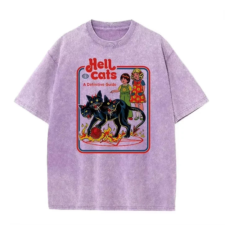 Purple Acid Wash Hell Cats Graphic Casual Retro Streetwear Tee