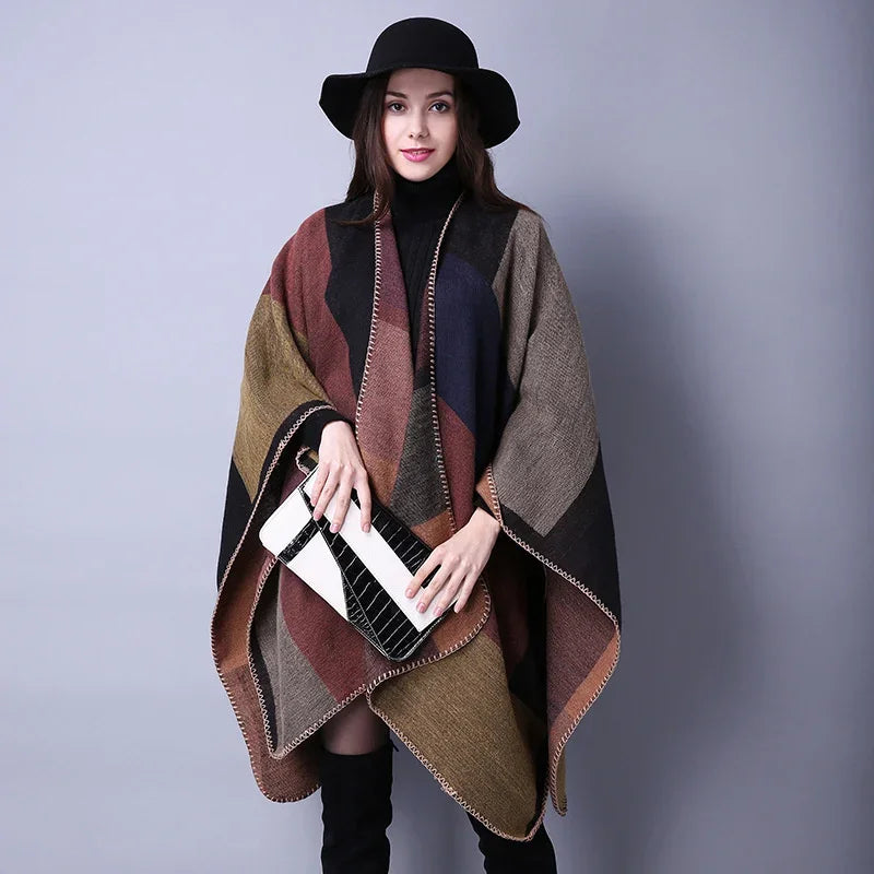 Patterned Fringed Open Front Poncho for Layering over Outfits