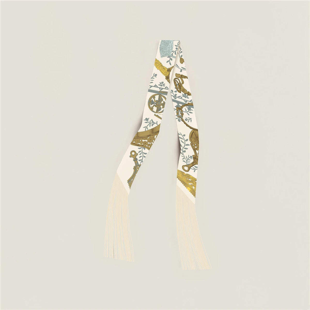 Printed Narrow Ribbon Scarf with Decorative Fringed Ends
