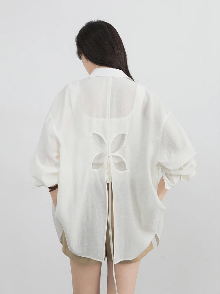 Women's Loose Shirt with Flower Cutout Tie Back