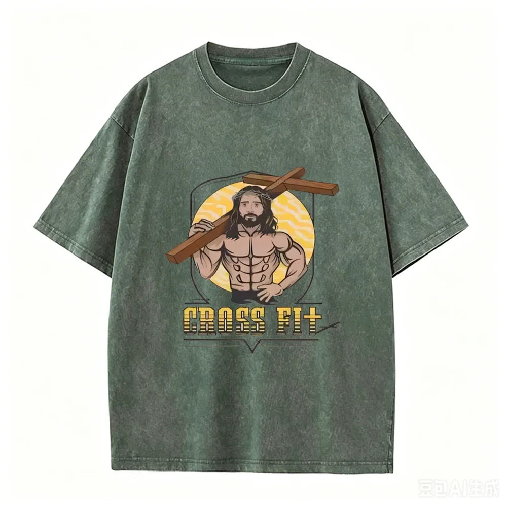 Oversized Washed Cotton Graphic T-Shirt with Short Sleeves