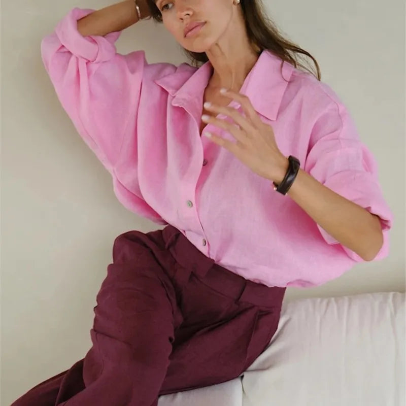 Women's Loose Collared Long Sleeve Button Front Shirt