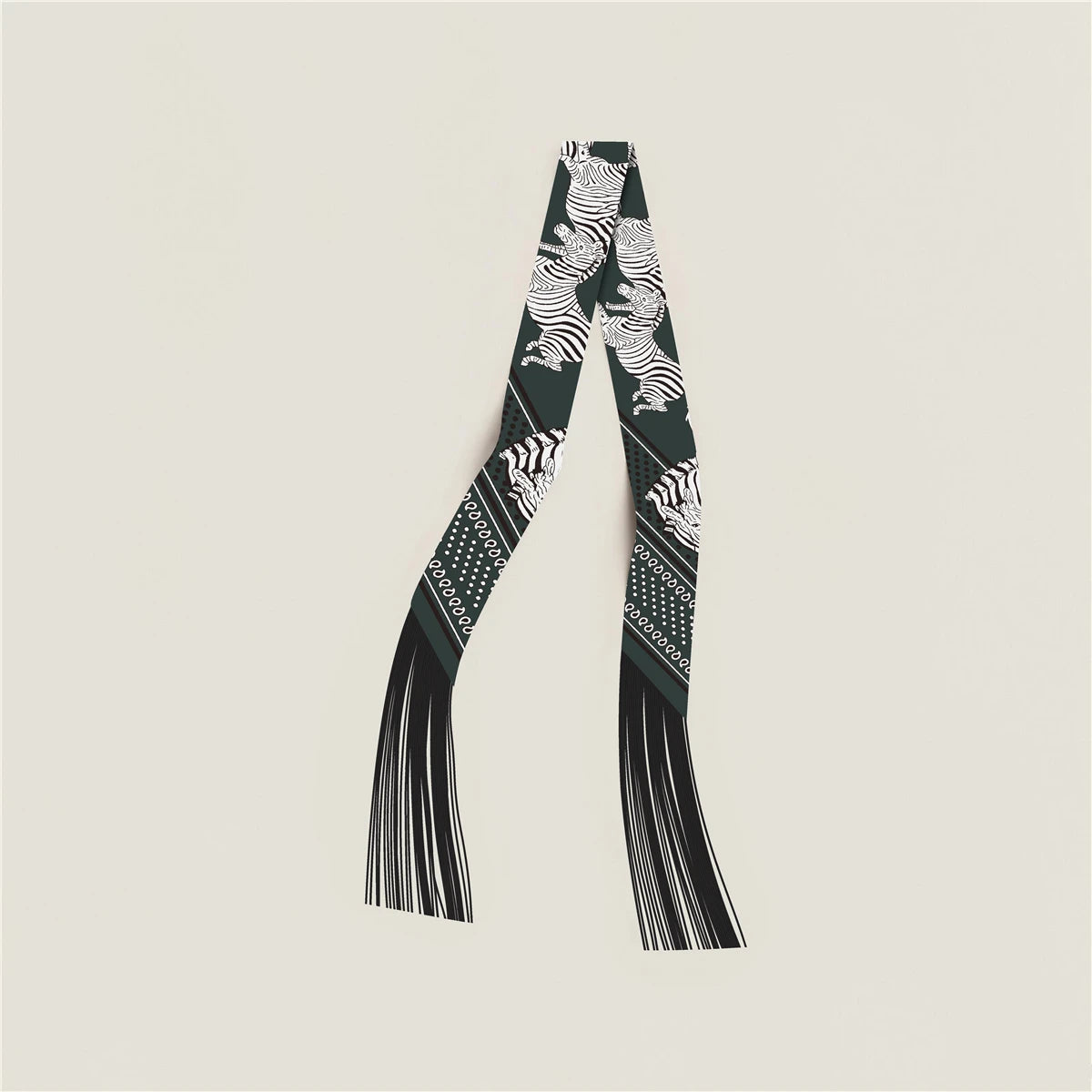 Printed Narrow Ribbon Scarf with Decorative Fringed Ends
