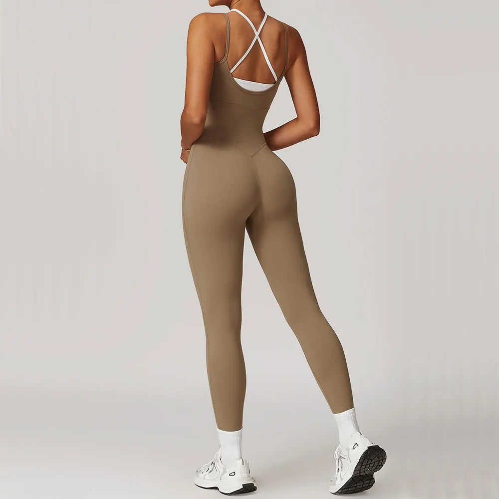 Women's Cross Back Nylon Blend Workout Jumpsuit with White Trim and Long Legs