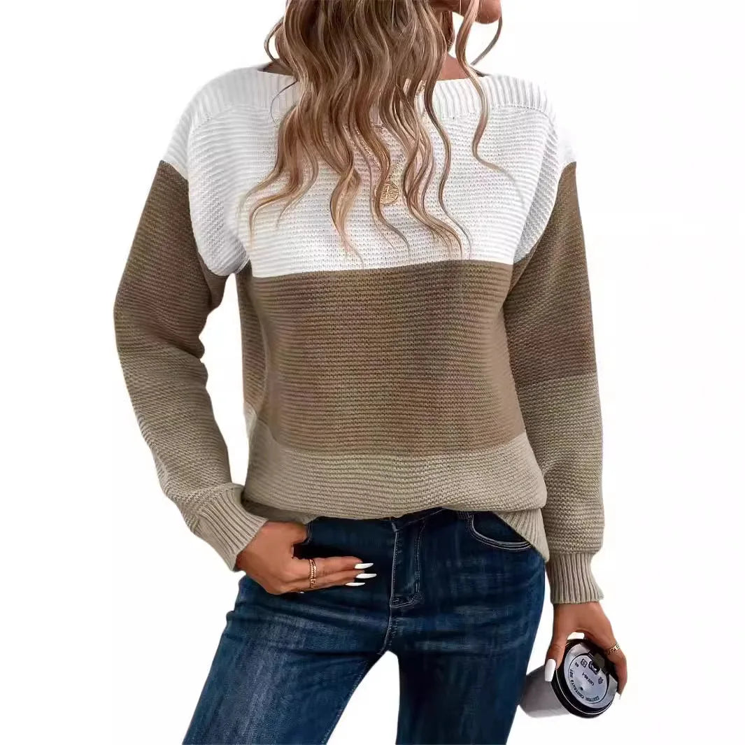 Women's Color Block Crew Neck Sweater Casual Knit Layer
