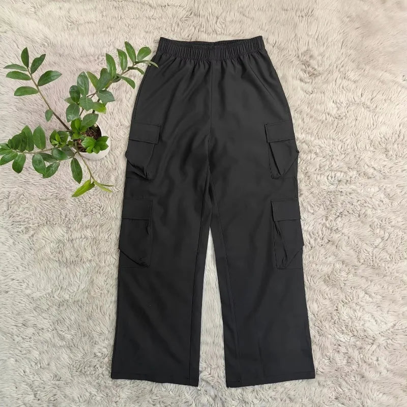 Women's Straight Cargo Pants with Elastic Waist and Large Side Pockets
