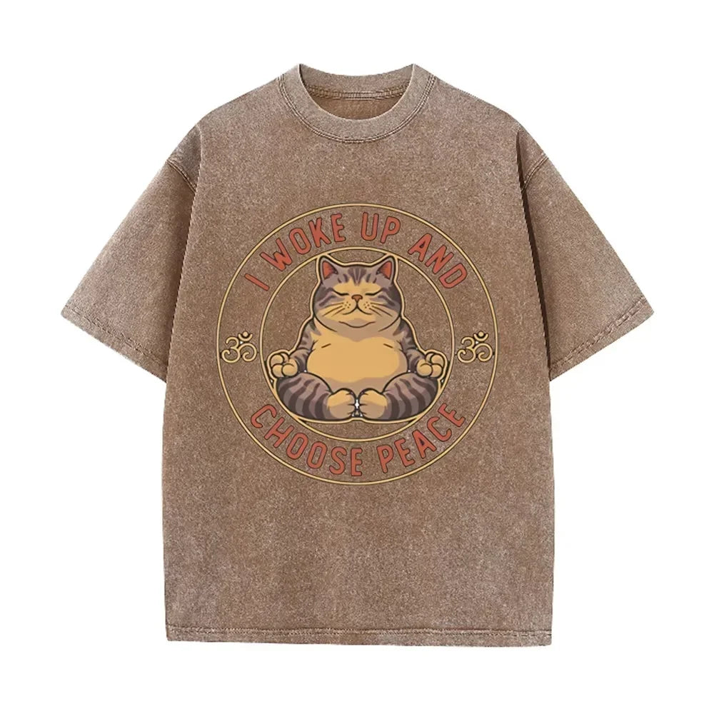 Retro Beige Zen Yoga Tabby Cat Om Symbol Acid Wash Oversized Streetwear Tee