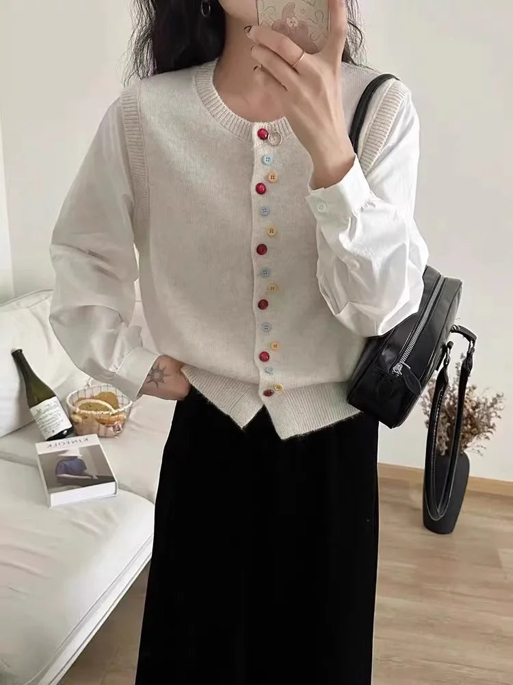European goods color button cashmere knit vest cardigan women spring and autumn new round neck sleeveless sweater vest