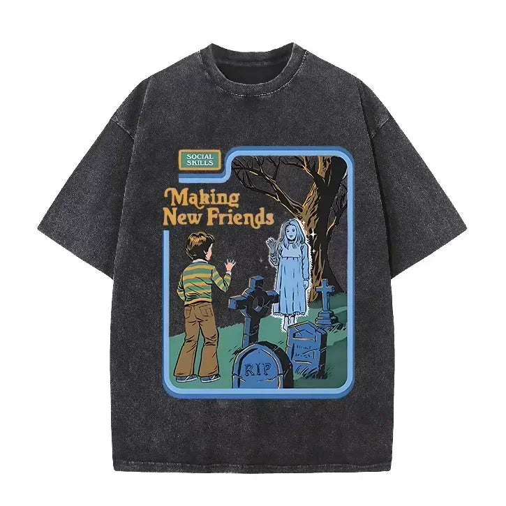 Green Acid Wash Making Friends Ghost Cemetery Vintage Halloween Tee