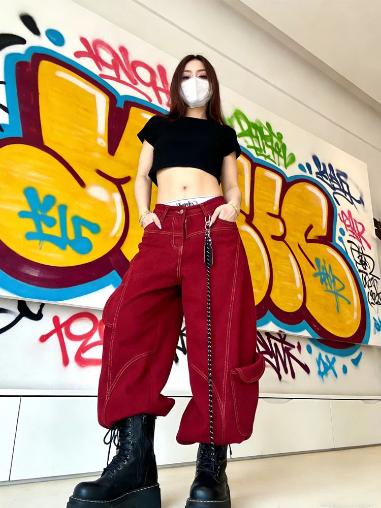 Women's Red Cargo Pocket Wide Leg Denim Jeans