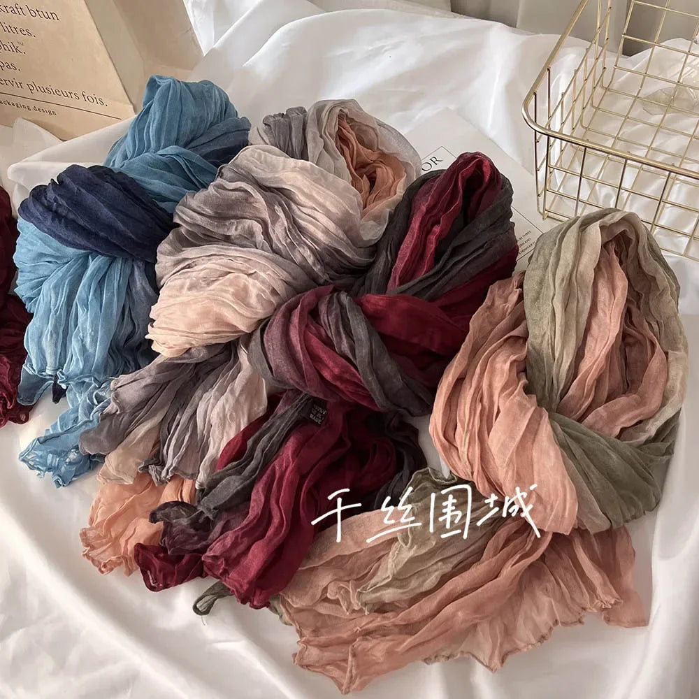 Gradient Crinkled Long Scarf with Rectangular Wrap Shape