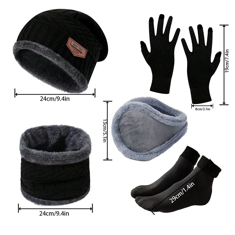 Men's Winter Hat Ear Protector Gloves Neck Hood and Socks Set
