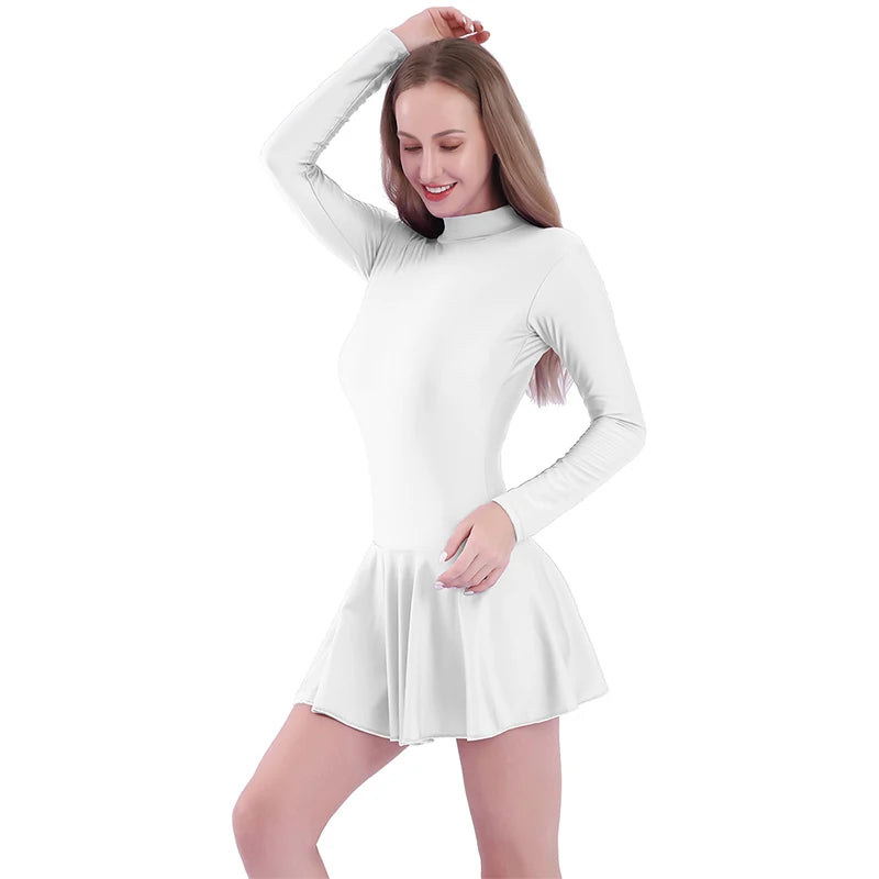 Women's Long Sleeve Skirted Ballet Leotard with Round Neck and Back Zipper