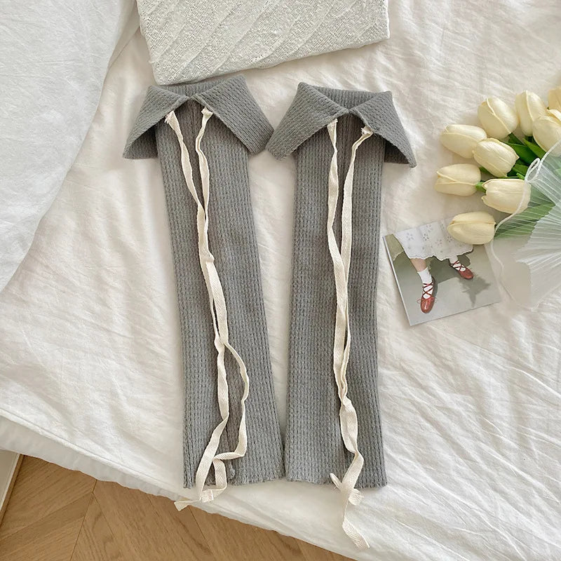 Solid Calf Leg Warmers with Decorative Ribbon Tie Details