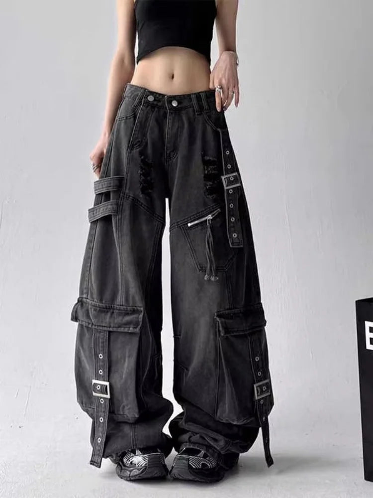 Women's Black Baggy Cargo Pocket Denim Jeans For Everyday Outfits