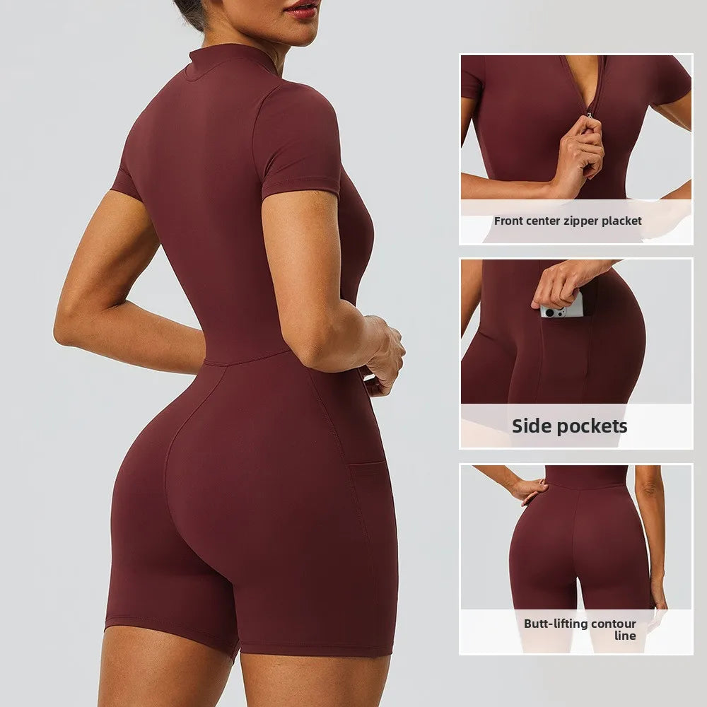 Women's Short Sleeve Zip Front Workout Romper with Open Back