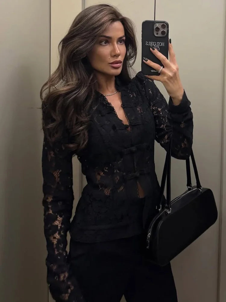 Women's Floral Lace High Neck Long Sleeve Blouse