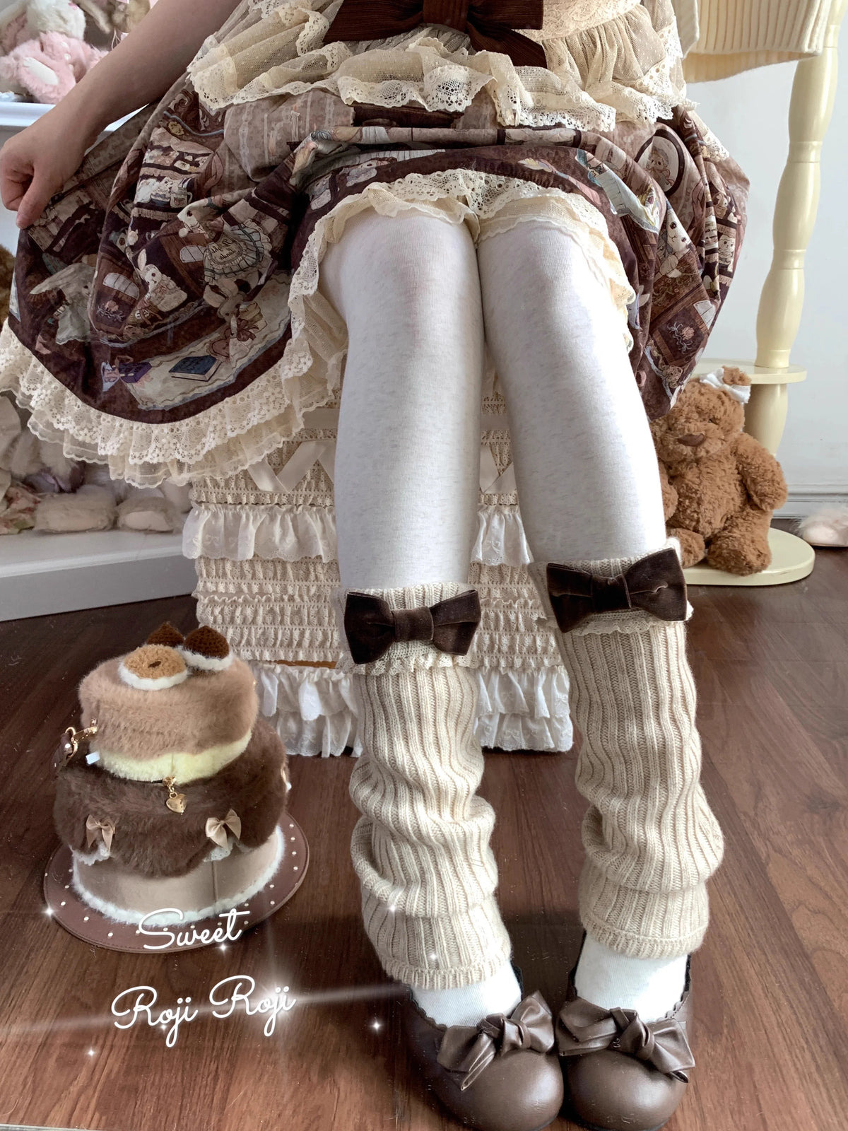 Ribbed Leg Warmers with Decorative Lace and Bow Trim