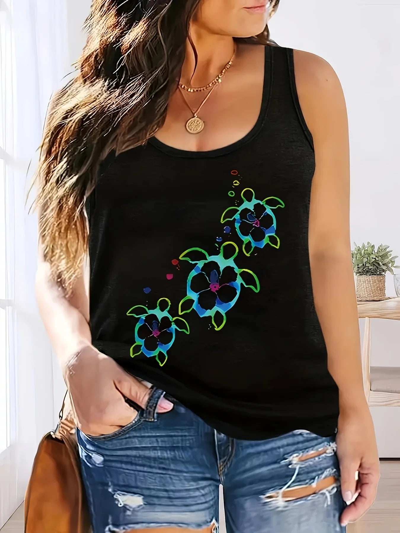 Women's Printed Polyester Tank Top with Round Neck and Relaxed Sleeveless Cut