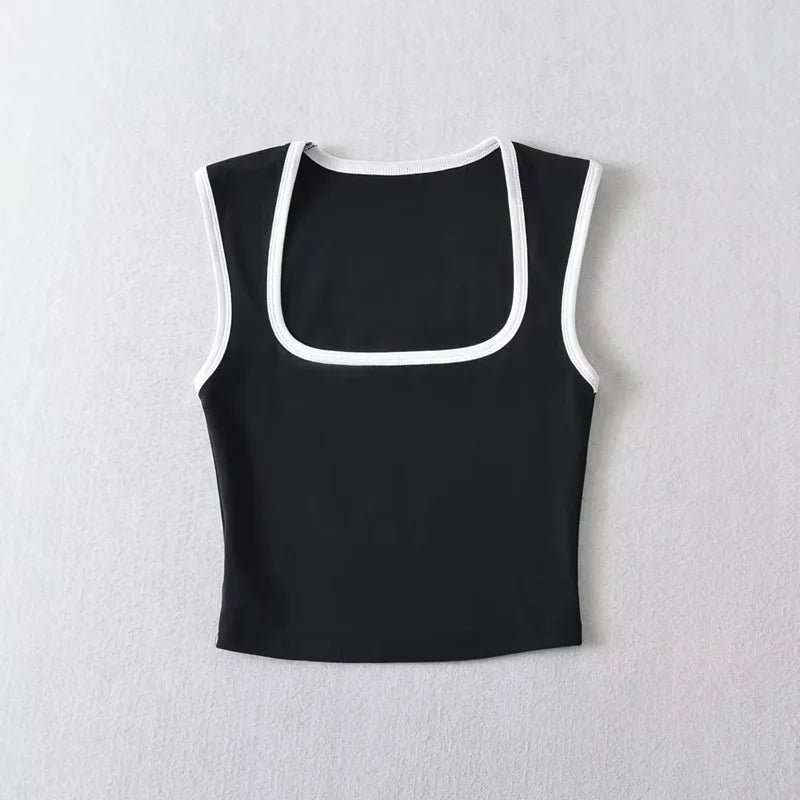 Women's Square Neck Crop Top with Contrast Trim and Cropped Length