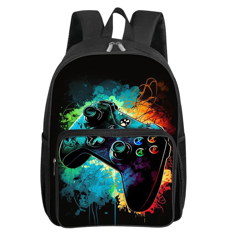 Children's Gamepad Print Backpack with Front Pocket and Twin Shoulder Straps